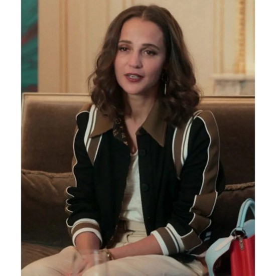 Alicia Vikander Irma Vep Mira Varsity Wool Black and Brown Jacket