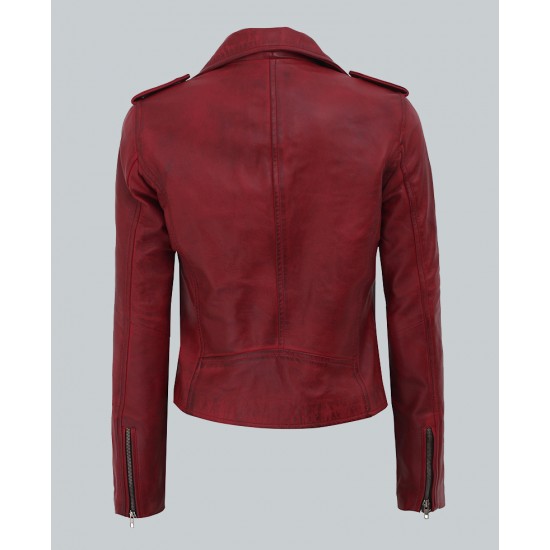 Amber Women's Moto Maroon Asymmetrical Leather Jacket