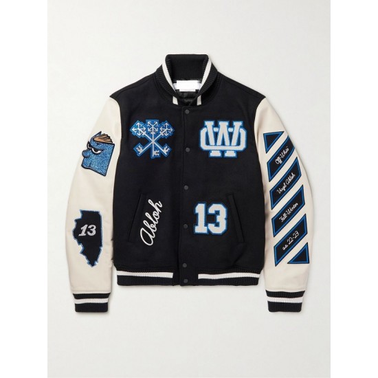 Appliqued Wool Blend Felt and Leather Varsity Bomber Jacket