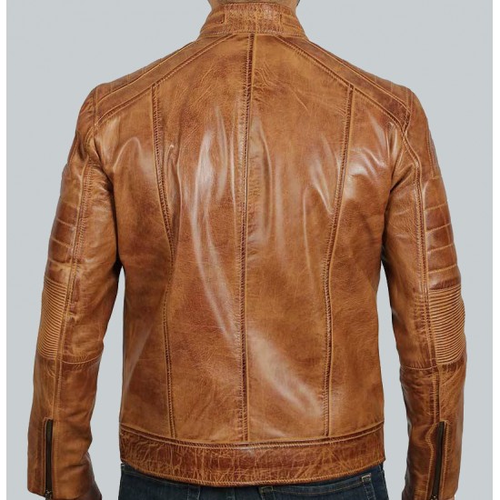 Austin Men's Cafe Racer Lambskin Tan Leather Jacket