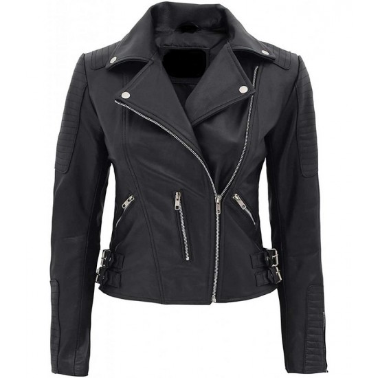 Bari Women's Black Slim Fit Biker Style Real Leather Jacket