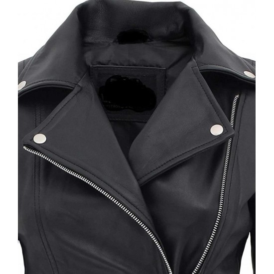 Bari Women's Black Slim Fit Biker Style Real Leather Jacket