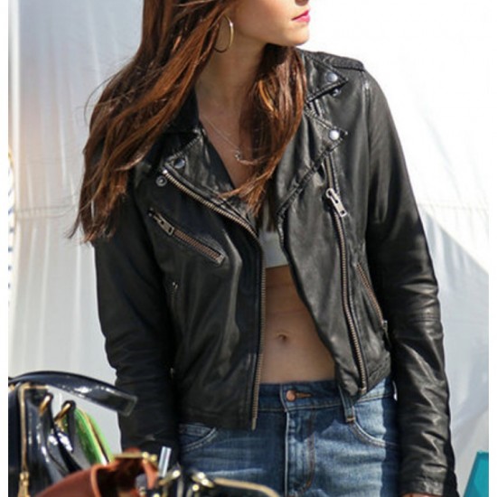 Biker Style Emma Watson Cropped Black Leather Jacket