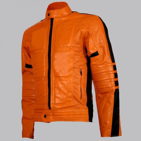 Biker Style Orange Leather Jacket Men