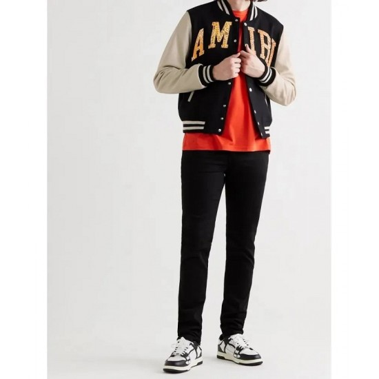 Black And Off-white Bomber Leather Jacket