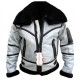 Bomber White Jacket Black Fur Collar Real Leather Jacket Shearling Handmade Mens Leather Jacket