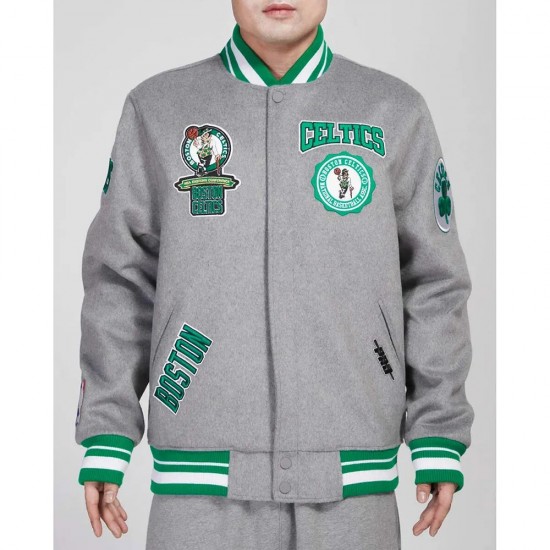 Boston Celtics Crest Emblem Heather Grey Varsity Wool Jacket