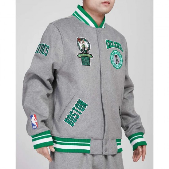 Boston Celtics Crest Emblem Heather Grey Varsity Wool Jacket