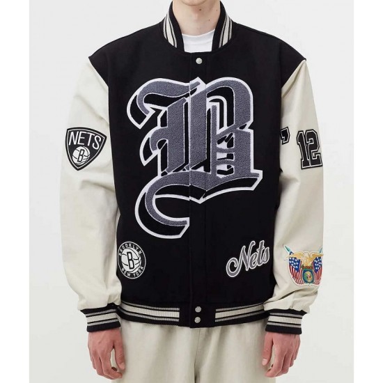 Brooklyn Nets 12 Black Wool and Leather Letterman Jacket