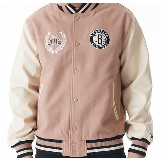 Brooklyn Nets NBA Lifestyle Beige Varsity Jacket