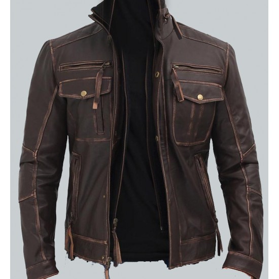 Brown Men's Distressed Leather Motorcycle Jacket