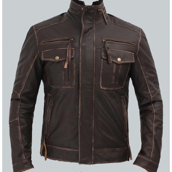 Brown Men's Distressed Leather Motorcycle Jacket