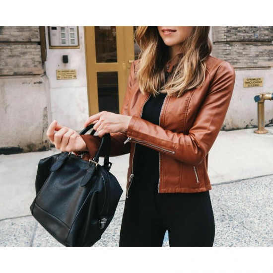 Brown Women's Genuine Lambskin Leather Motorcycle Slim Fit Designer Biker Jacket