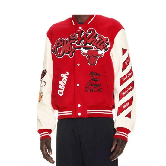 Chicago Bulls Off-White Red Varsity Jacket