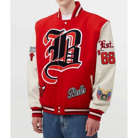 Chicago Bulls Red Wool and White Leather Varsity Letterman Jacket