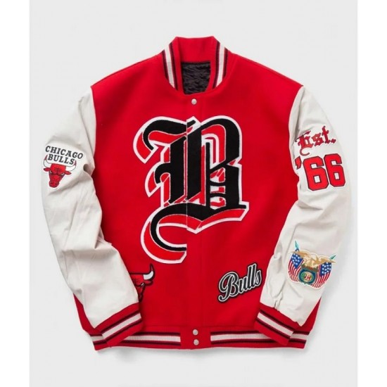 Chicago Bulls Red Wool and White Leather Varsity Letterman Jacket