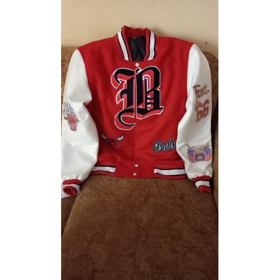 Chicago Bulls Red Wool and White Leather Varsity Letterman Jacket