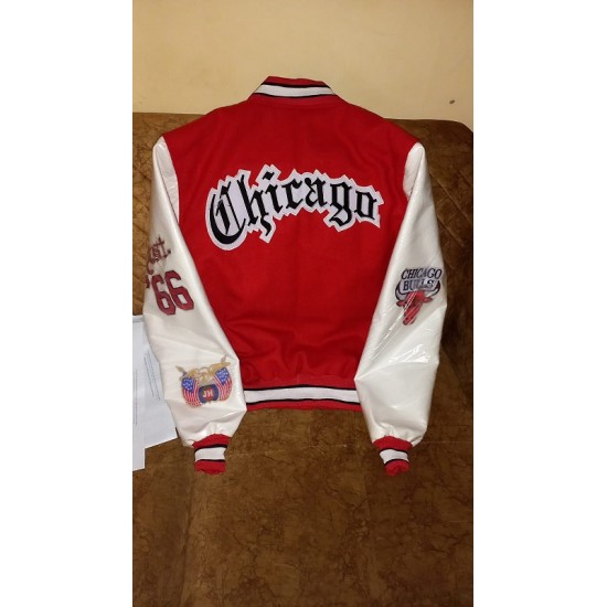 Chicago Bulls Red Wool and White Leather Varsity Letterman Jacket