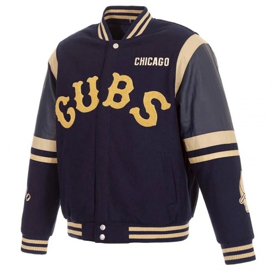 Chicago Cubs Embroidered Logo Varsity Navy Wool and Leather Jacket