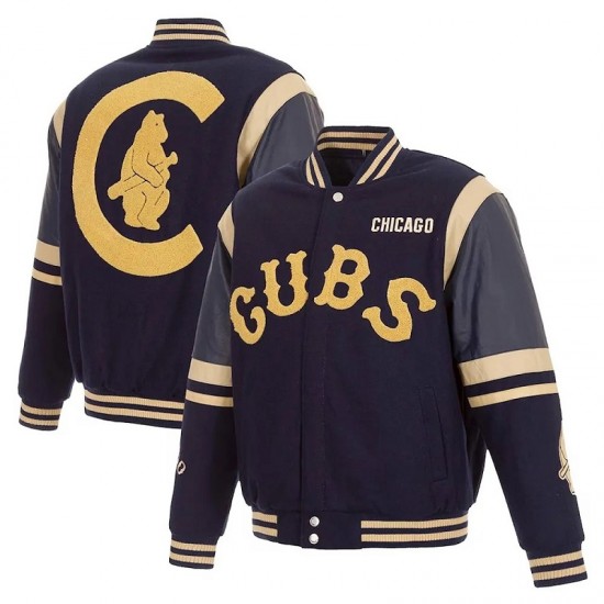 Chicago Cubs Embroidered Logo Varsity Navy Wool and Leather Jacket