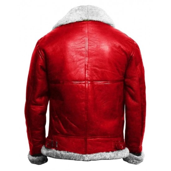 Christmas Holiday Red A2 Bomber Aviator With Real Fur Collar Genuine Leather Jacket