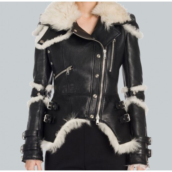 Classic Black Leather Shearling Biker Jacket