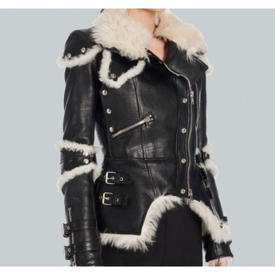 Classic Black Leather Shearling Biker Jacket