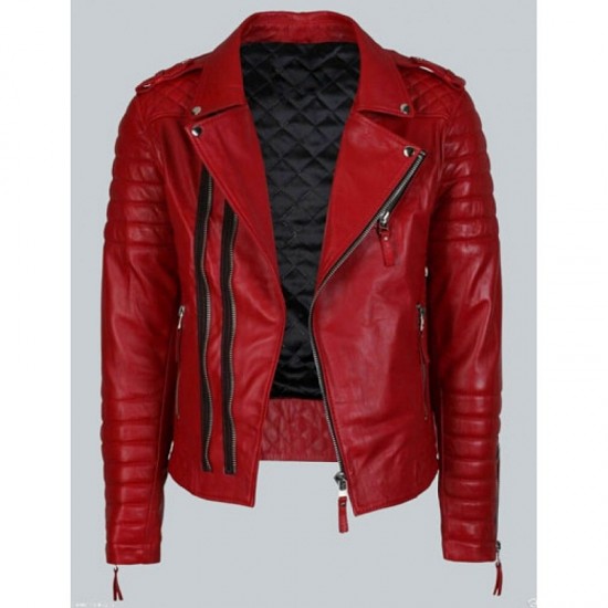 Double Breasted Mens Red Leather Biker Jacket