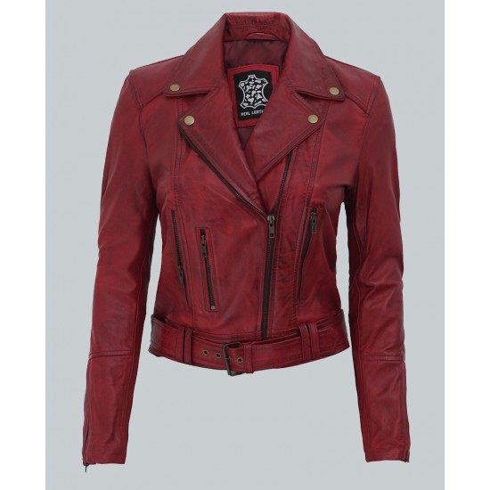 Elisa Women's Maroon Leather Motorcycle Jacket