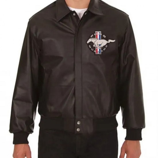 Embroidered Ford Mustang Bomber Black Leather Jacket