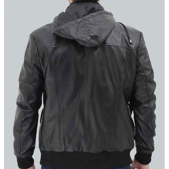 Frank Men's Black Leather Hooded Bomber Jacket