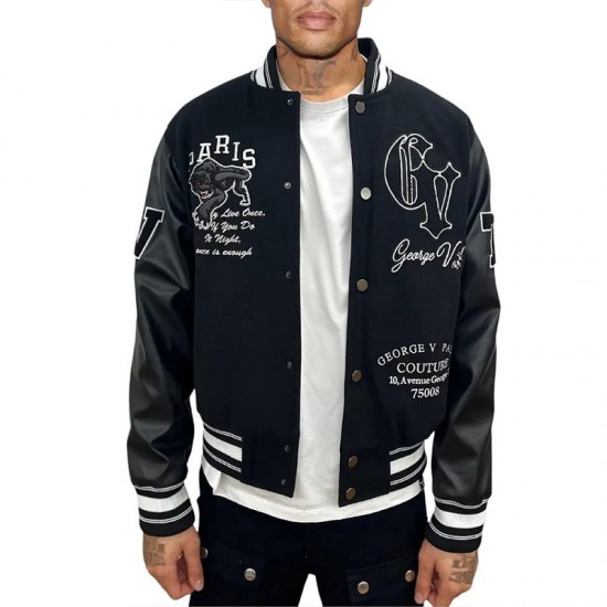 George V Panther Black Wool Varsity Jacket