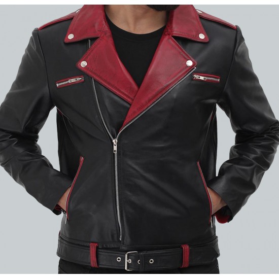 Jimmy Men's Black And Maroon Moto Jacket