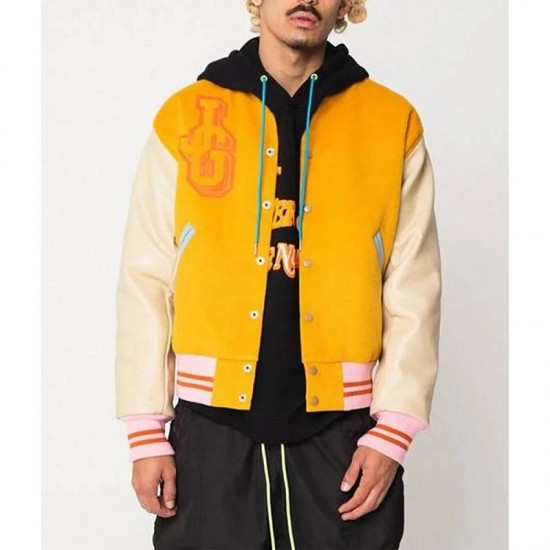 John Geiger Gold and Beige Varsity Jacket