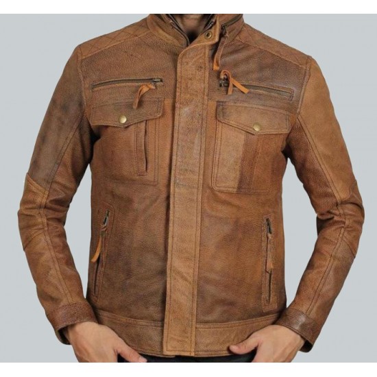 Light Brown Distressed Leather Motorcycle Jacket