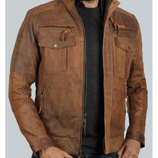 Light Brown Distressed Leather Motorcycle Jacket