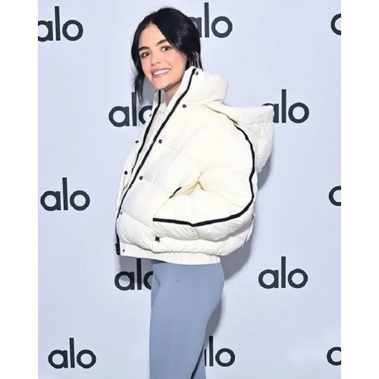 Lucy Hale Alo’s Winter House White Hooded Jacket