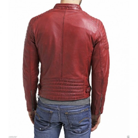 MJ Men's Genuine Lambskin Leather Jacket Red Slim Fit Biker Motorcycle Jacket