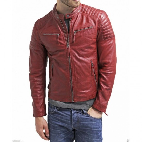 MJ Men's Genuine Lambskin Leather Jacket Red Slim Fit Biker Motorcycle Jacket