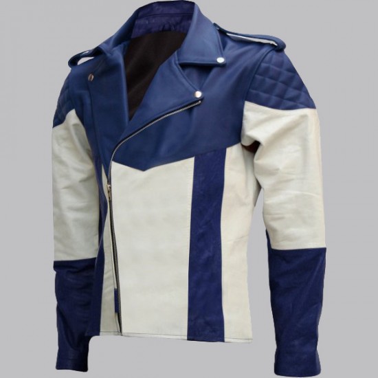 Men Blue And White Biker Leather Jacket