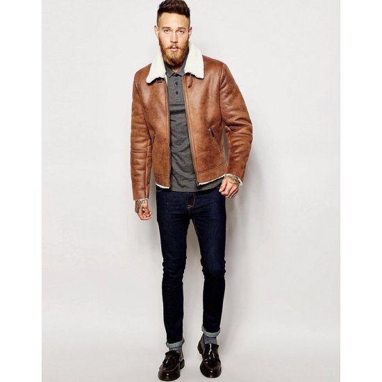 Men's Aviator Brown Leather Faux Shearling Jacket