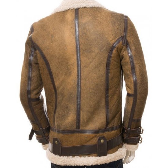 Men's Aviator Sheepskin Leather Faux Shearling Brown Jacket