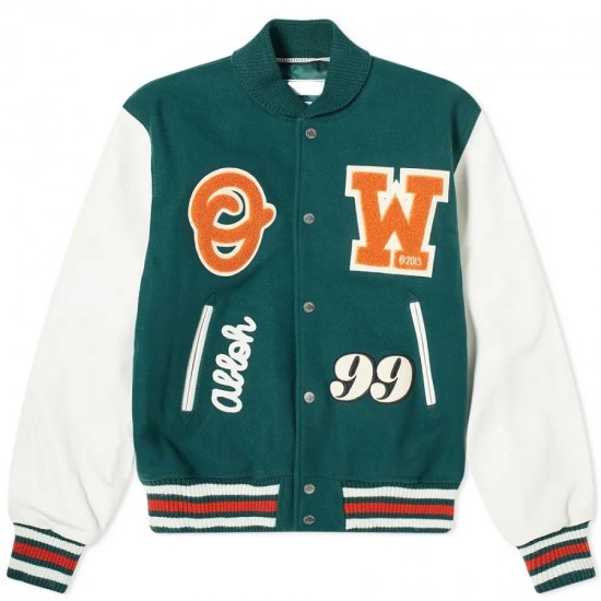 Men's Barrel Green and White Letterman Jacket