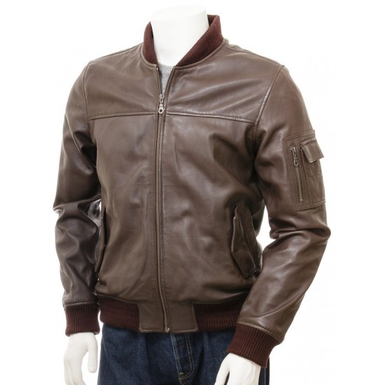 Men's Black And Dark Brown Classic Elegant Leather Bomber Jacket