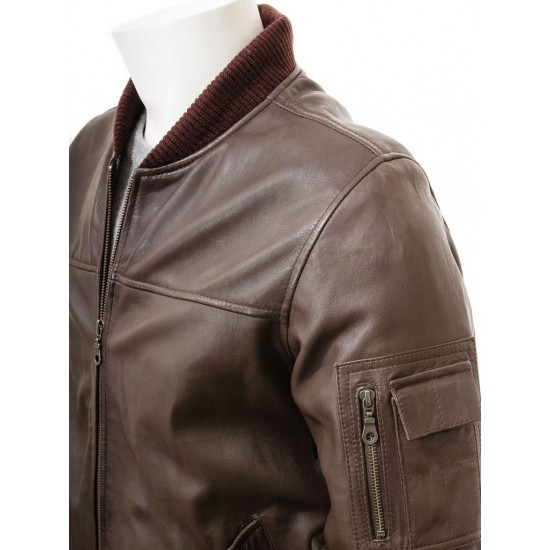 Men's Black And Dark Brown Classic Elegant Leather Bomber Jacket