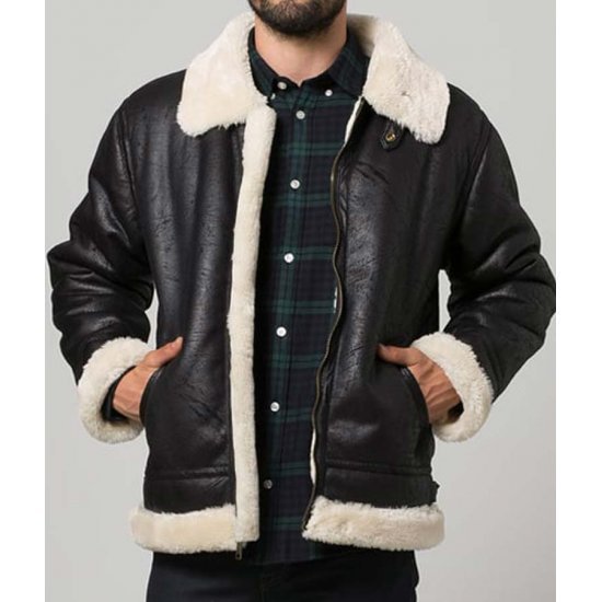 Men's Black Aviator Faux Shearling Leather Jacket