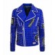 Men's Brando Studded Multi Embroidery Patches Punk Blue Leather Jacket