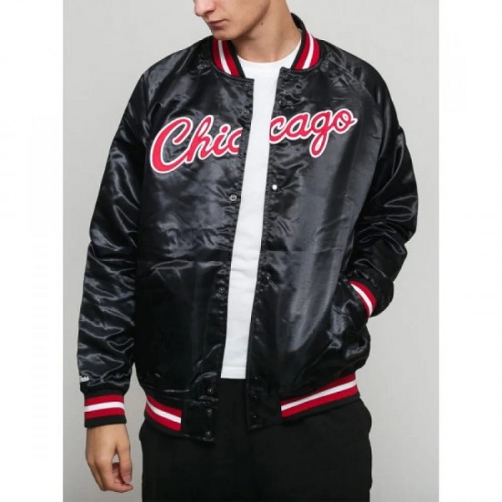 Men's Bulls Black Satin Bomber Jacket