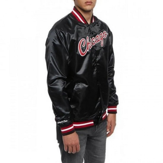 Men's Bulls Black Satin Bomber Jacket