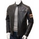 Men's Cafe Racer Striped Four Pockets Leather Biker Jacket